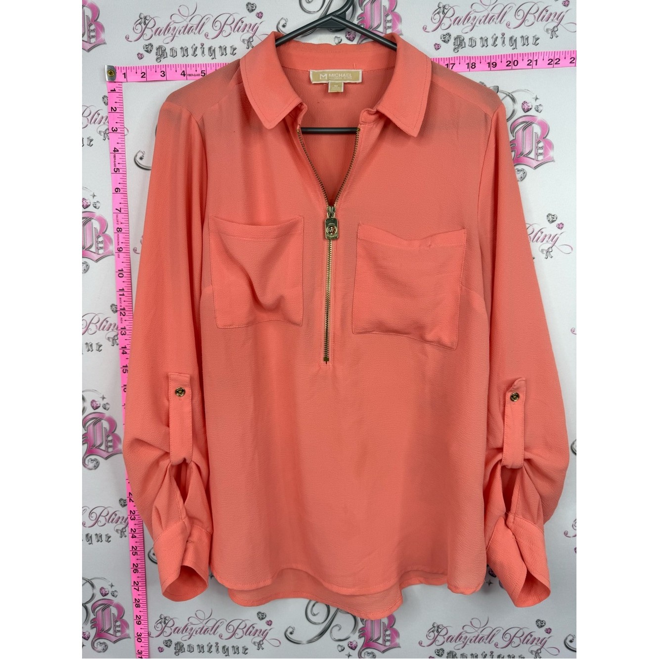 Michael Kors Blouse Charm Zip Pull Coral Zip-Front Long Sleeve Blouse